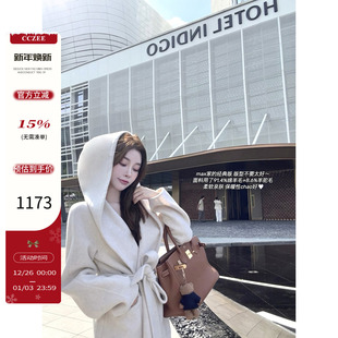 宽松中长款 廓形双面呢连帽大衣外套女冬季 系带 悉尼假日 CCZEE