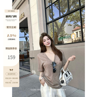 显瘦夏季 V领慵懒短袖 百搭简约超柔水溶羊毛t恤女 慵懒韩妹 cczee