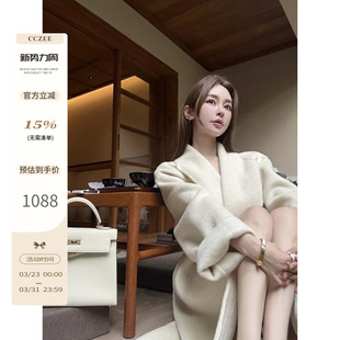 气质翻领毛呢外套 系带羊毛大衣女2025秋冬新款 CCZEE 古堡雪女