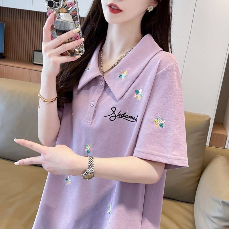 Polo衫短袖t恤女夏季薄款宽松大码女装正肩遮肉显瘦刺绣休闲上衣