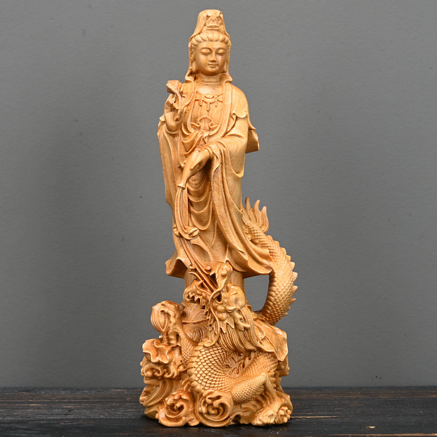 崖柏木雕御龙观世音菩萨佛像摆件高16cm家居客厅实木装饰工艺品