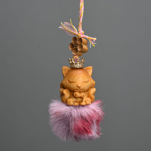崖柏木九尾狐毛绒球挂件可爱吊坠钥匙扣包包手机挂饰手把件工艺品
