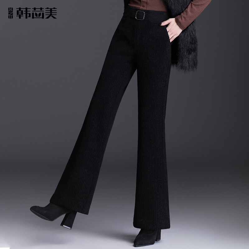 黑色雪尼尔微喇裤女2025秋冬新款高腰灯芯绒阔腿裤加绒条绒裤子