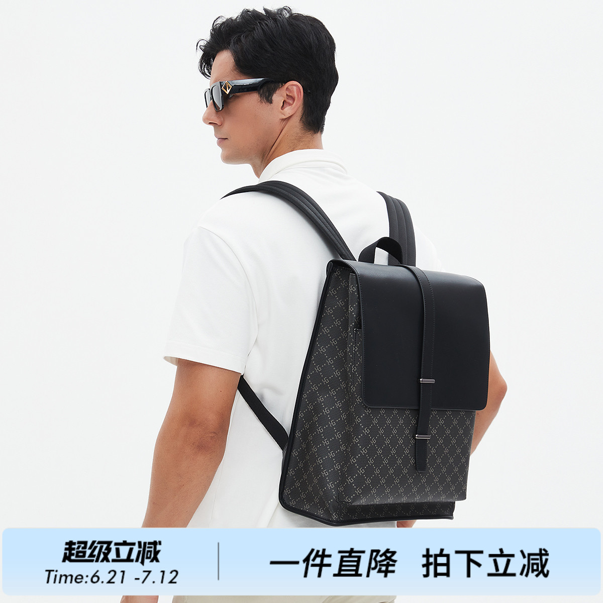 红谷新款商务双肩包时尚老花笔记本电脑包男士旅行大容量背包书包
