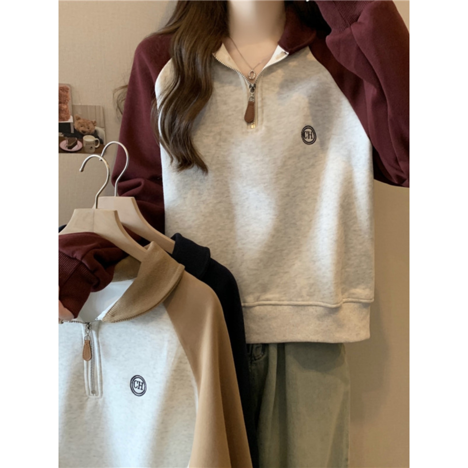 半拉链POLO领卫衣女夏季薄款宽松百搭撞色长袖小个子短款上衣潮