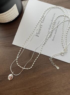 通体S925纯银双层橄榄粒项链女ins简约椭圆吊坠锁骨链小众轻奢潮