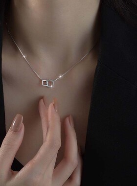 s925纯银镶钻双环项链女夏季新款潮chic极简冷淡风环环相扣锁骨链