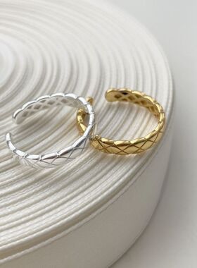 通体S925纯银菱格纹戒指女ins小众设计感极简风通勤轻奢开口指环