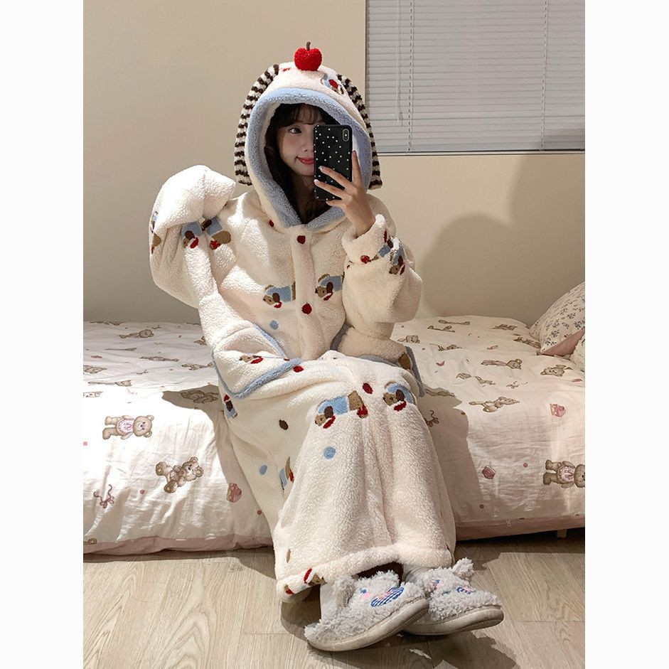 可爱腊肠狗珊瑚绒睡袍睡衣女秋冬款圣诞节卡通连帽加绒家居服套装