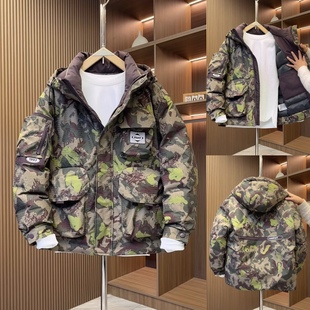 痞帥工裝 羽絨沖鋒衣 保暖羽絨服男迷彩潮流潮牌白鴨絨外套美式 冬季