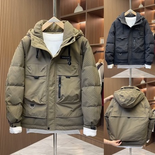 冬季新款连帽假两件羽绒服男休闲工装加厚外套保暖白鸭绒上衣夹克