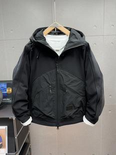 秋冬新款拼接连帽薄棉服外套男潮流青年拉链口袋设计宽松二棉夹克