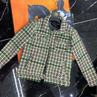 2025秋冬翻领毛呢外套精神小伙绿标格子夹克外套潮流百搭男士外套