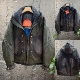 潮牌连帽工装白鸭绒羽绒服冬季新款日系重工艺时尚加厚保暖外套男