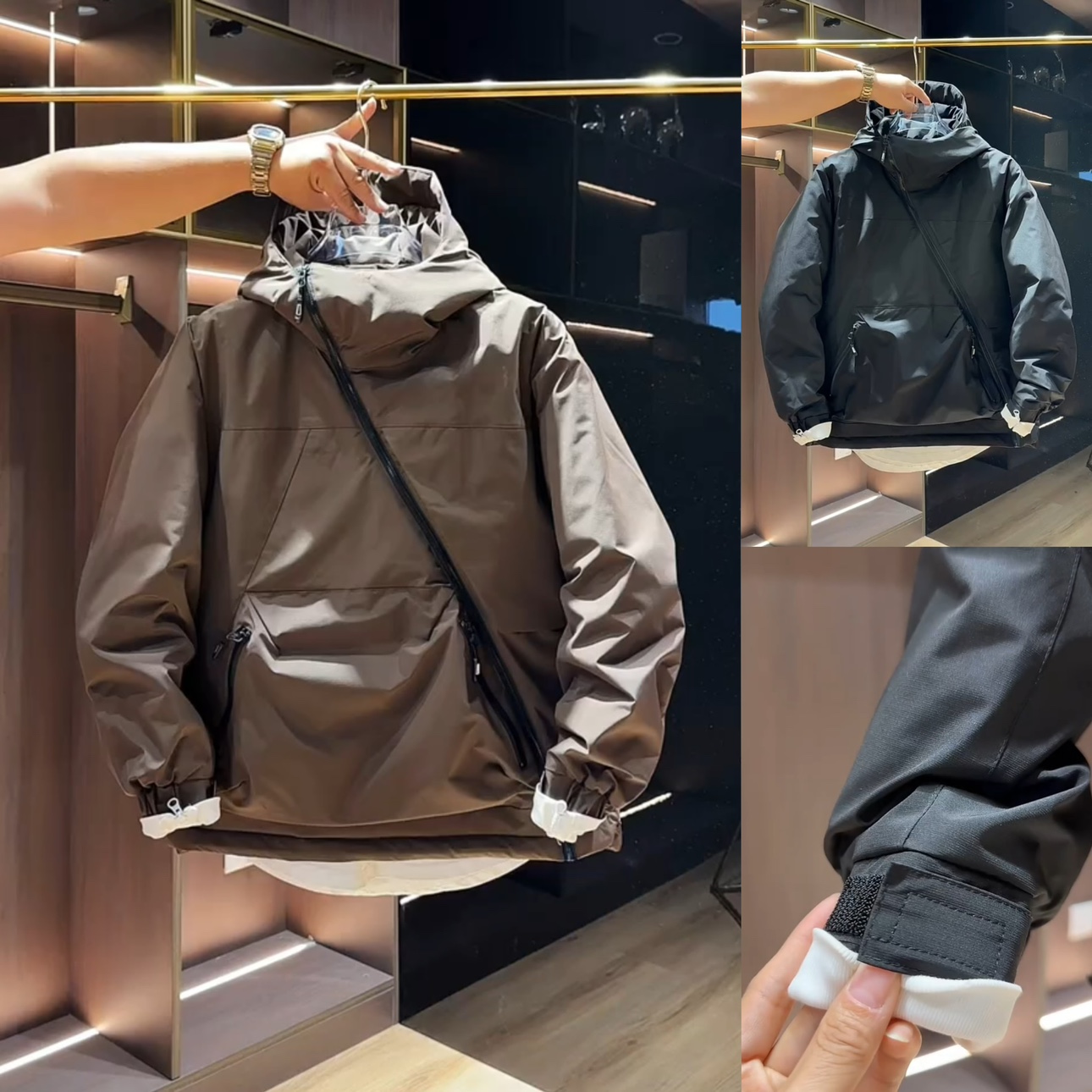 秋冬新款棉服户外冲锋衣男套头连帽潮流拉链宽松简约保暖休闲外套