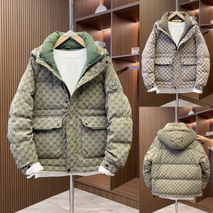 字母印花连帽白鸭绒羽绒服潮牌痞帅工装 冬季 时尚 男士 保暖外套 新款