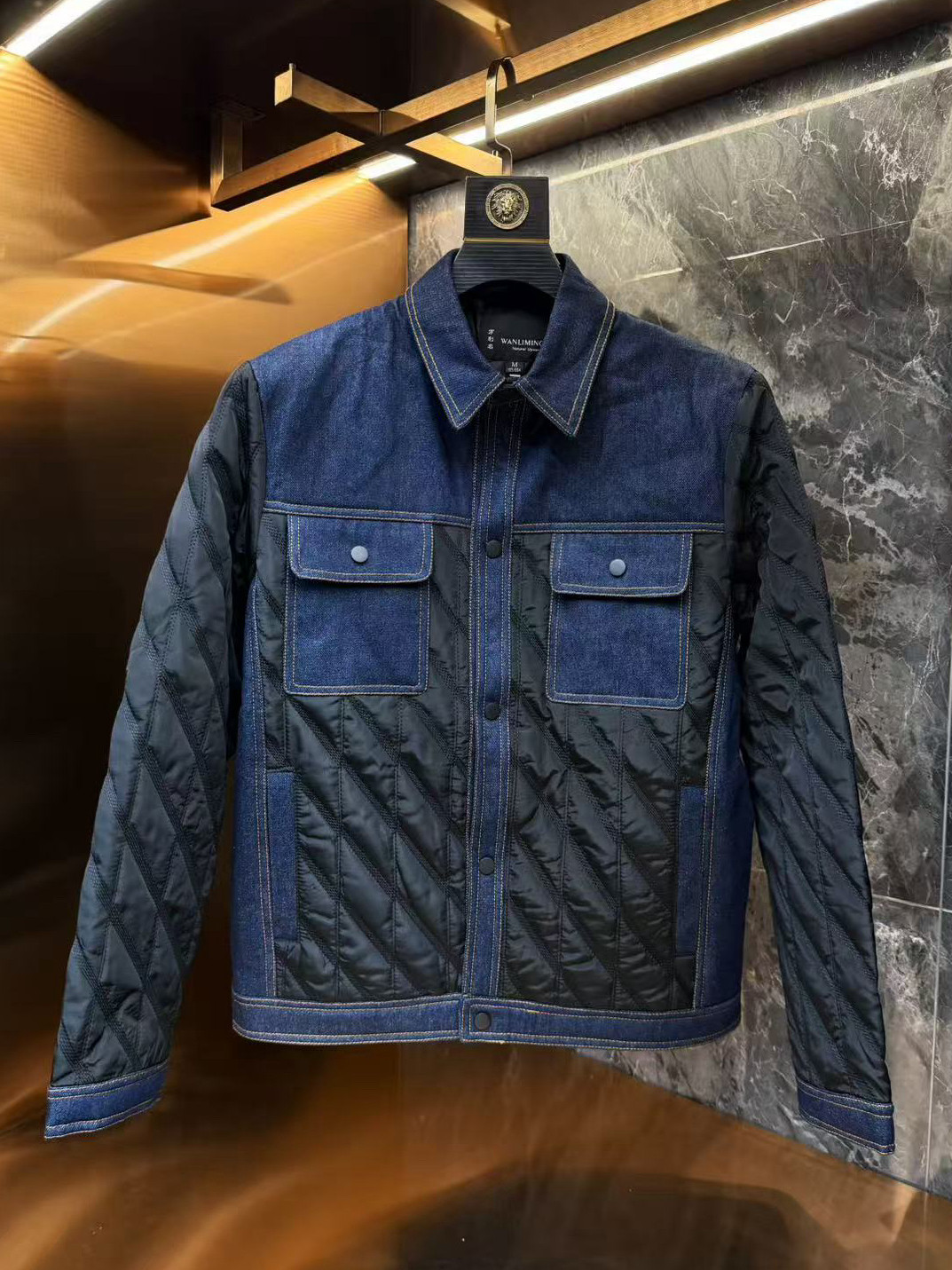 冬季新款男士轻薄棉服牛仔拼接外套青年休闲翻领百搭保暖加棉夹克