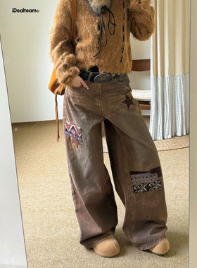 IDEALTEAM 复古贴布绣做旧直筒裤2025十三行秋冬新款加绒牛仔裤女