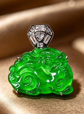 【颖有尽有】天然A货翡翠稀缺款盛世麒麟冰种满绿吊坠KBR60520001