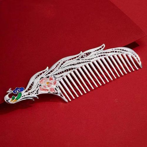 金店同款镀银彩色凤凰梳子