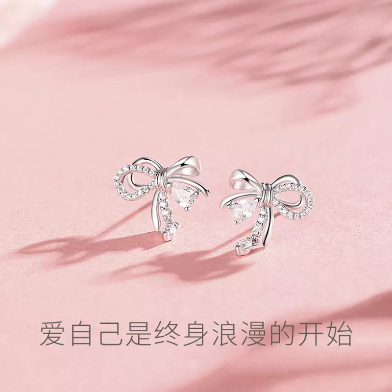 金店同款s925纯银结耳钉女蝴蝶结轻奢小众设计感甜美耳饰生日送礼