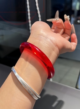 国风纯天然红色水晶手镯冰透