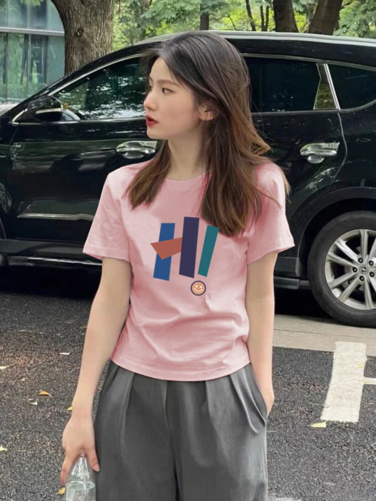 2024新款夏季浅粉色纯棉短袖T恤女修身显瘦小个子潮牌正肩上衣ins