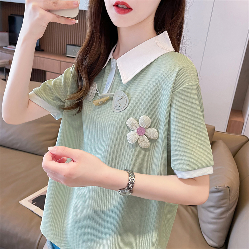 华夫格Polo领短袖T恤少女夏装2025新款初中高中学生宽松甜美上衣