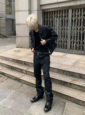 【TIDESURGE】立体哑光涂层刷蜡褶皱微弹修身微喇中高腰牛仔长裤