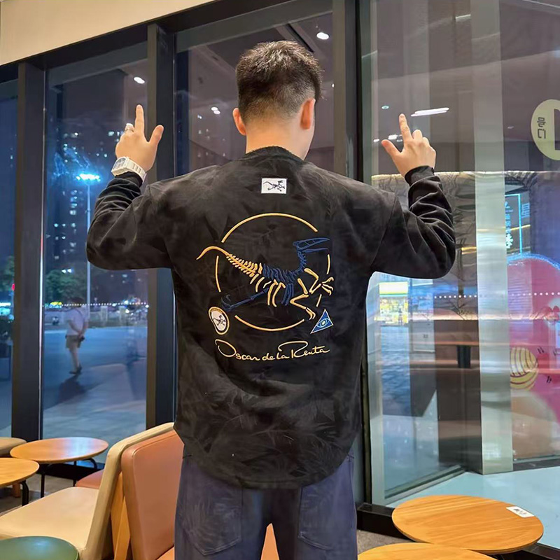 2025新款刺绣恐龙图案高级感卫衣ins男潮流百搭长袖加绒重工T恤衫
