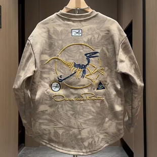 美式高街刺绣恐龙个性卫衣2025爆款加绒长袖圆领时尚男士轻奢T恤