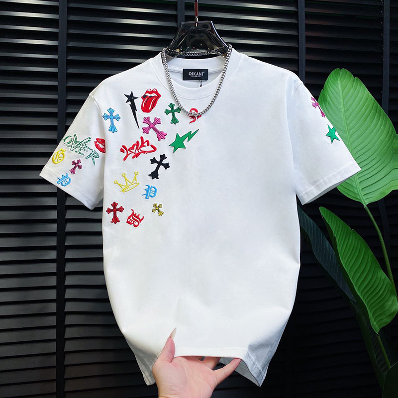 个性潮流刺绣男士韩版百搭宽松纯色圆领短袖夏季新款时尚日常体恤