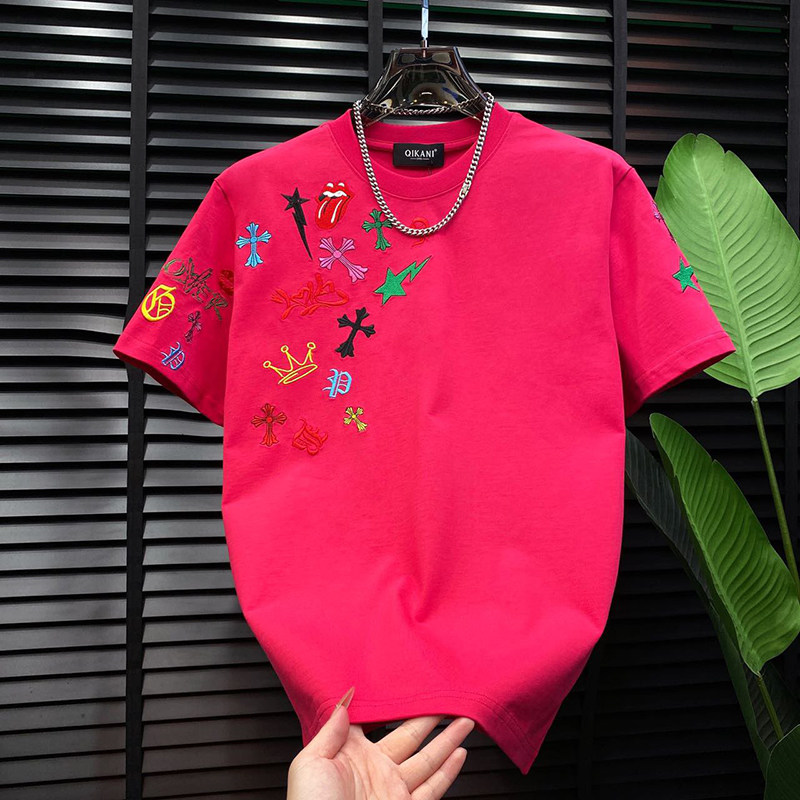 个性潮流刺绣韩版男士纯色圆领短袖夏季新款时尚宽松休闲体恤上衣