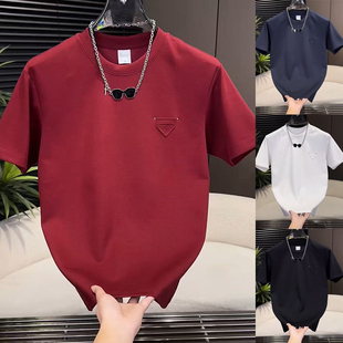 套头短袖 2026年秋冬季 百搭三角标加厚纯色韩版 男士 T恤上衣潮 新款