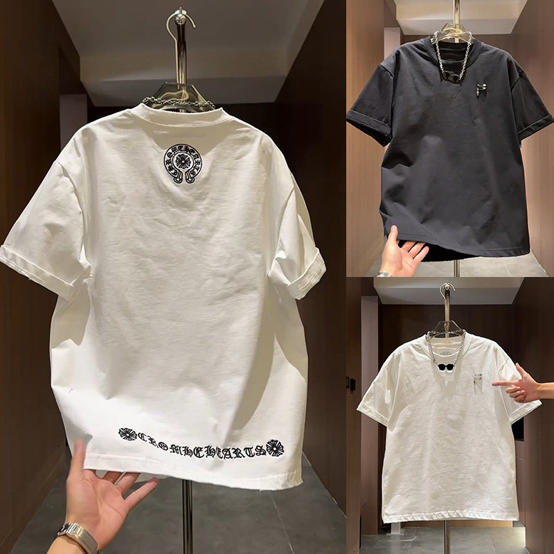 个性潮流刺绣简约纯色男士圆领短袖夏季新款百搭休闲宽松体恤上衣