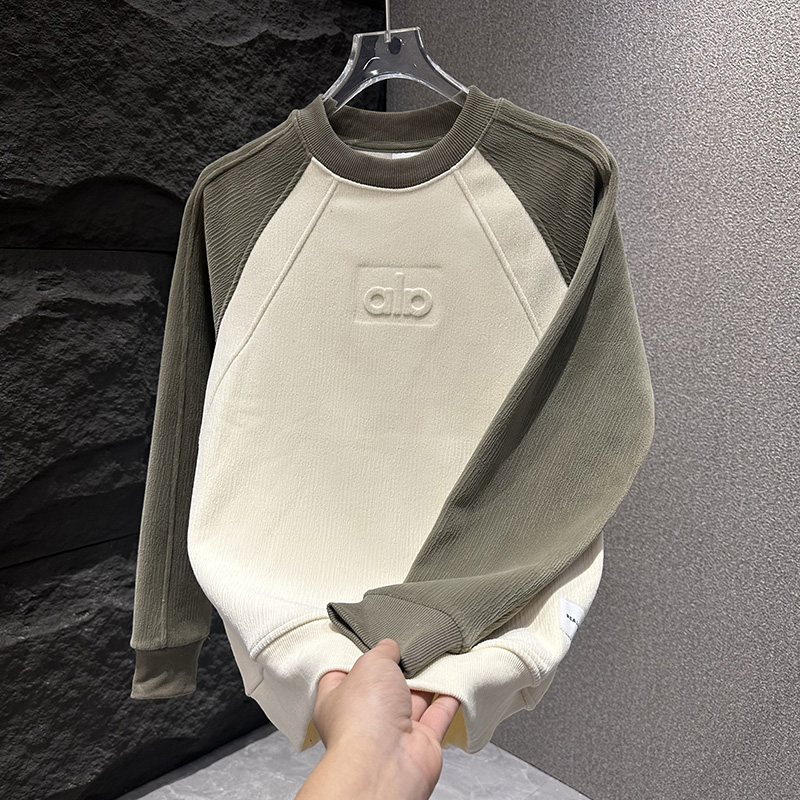 痞帅男士潮流百搭休闲拼色简约圆领卫衣秋冬加绒时尚字母钢印上衣