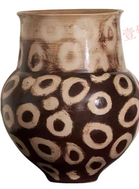 中古风手绘深棕圆圈纹粗陶感陶瓷花瓶样板间客厅艺术手工肌理花器