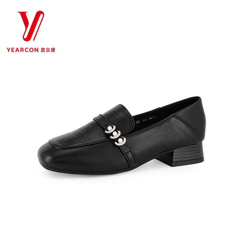 意尔康羊皮方头矮跟气质英伦皮鞋