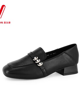 意尔康女鞋2025春季新款羊皮方头矮跟气质英伦小皮鞋S751DB26575Y