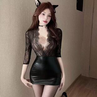 小个子辣妹超短裙V领透视蕾丝中袖包臀短裙性感夜店DJ连衣后妈裙