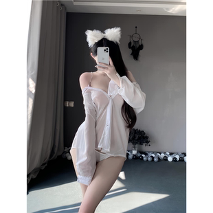 性感睡衣女夏款情调高级感男友风衬衫纯欲情侣透视薄款大码家居服