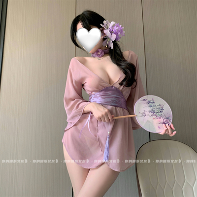 喵：日系娇妻睡衣浴袍和服睡裙网纱紫色韵味内衣收腰显瘦趣味制服