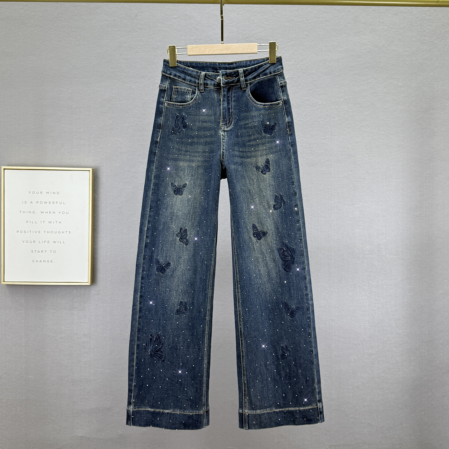 加长牛仔裤女2025年秋季新款高腰宽松显瘦复古刺绣烫钻阔腿拖地裤
