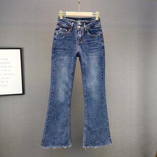 ins欧货深蓝色喇叭牛仔裤 女潮2025春装 新款 棉弹高腰显瘦微喇长裤