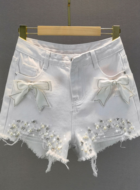 白色破洞牛仔短裤女潮2021夏装新款高腰宽松显瘦欧货镶钻钉珠热裤