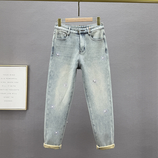 高腰显瘦ins港风烫钻老爹裤 加绒牛仔哈伦裤 新款 2024年冬季 女长裤