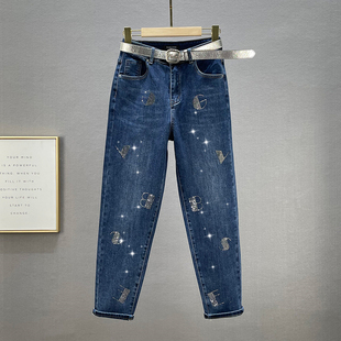棉弹高腰宽松显瘦字母烫钻哈伦长裤 新款 女潮2023年秋季 欧货牛仔裤