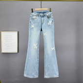 女微喇裤 显瘦港风加长裤 2026年春季 弹力高腰修身 潮 新款 烫钻牛仔裤