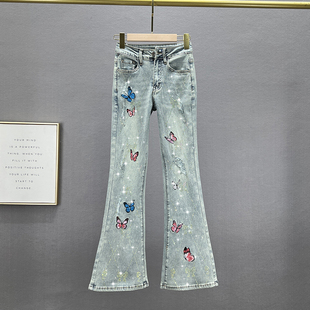 显瘦欧货镶钻绣花拖地长裤 牛仔喇叭裤 高腰修身 新款 女潮2023年春季