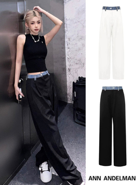 Ann Andelman修身无袖套头镂空毛织背心牛仔腰头拼接直筒西裤套装